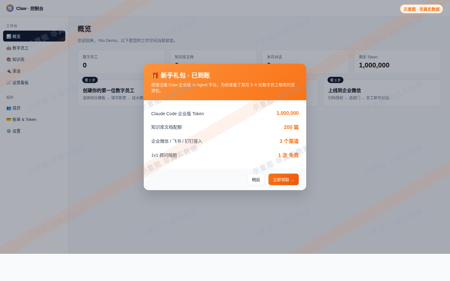 截图 1:Claw 控制台首页 + 新手礼包弹窗